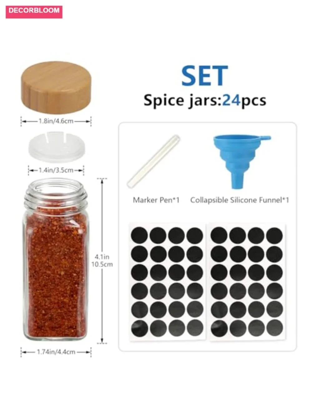 24pcs Glass Spice Jars with Bamboo Lids, 4oz Square Containers with Labels &